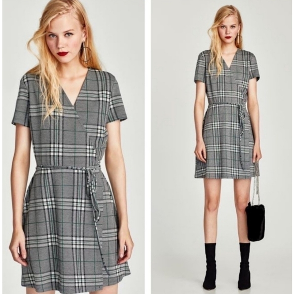 Zara Plaid Wrap Mini Dress Medium - Picture 1 of 8